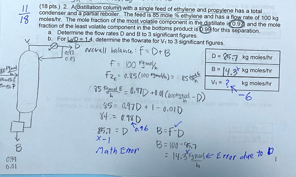SOLVED A distillation column with a single feed of ethylene and