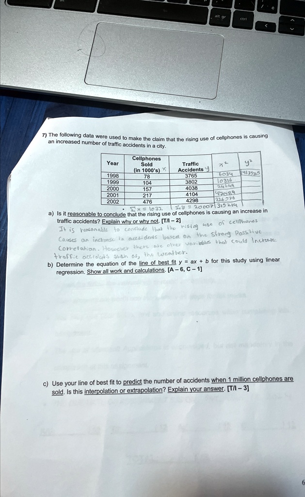 7) The following data were used to make the claim that the rising use of cellphones is causing
an increased number of traffic accidents in a city.
Cellphones
Year
Sold
(in 1000's) x
Traffic
Accidents
y
x^2
y^2
1998
78
3765
6084
14175225
1999
104
3802
10816
14455204
2000
157
4038
24649
16304444
2001
217
4104
47089
1683216
2002
476
4298
226576
18464404
∑ x = 1032
∑ y = 20007
∑ x^2 = 315214
∑ y^2 = 77071527
a) Is it reasonable to conclude that the rising use of cellphones is causing an increase in
traffic accidents? Explain why or why not. [T/I-2]
It is reasonable to conclude that the rising use of cellphones
causes an increase in accidents based on the strong positive
correlation. However, there are other variables that could increase
traffic accidents such as, the weather.
b) Determine the equation of the line of best fit y = ax + b for this study using linear
regression. Show all work and calculations. [A-6, C-1]
c) Use your line of best fit to predict the number of accidents when 1 million cellphones are
sold. Is this interpolation or extrapolation? Explain your answer. [T/I - 3]