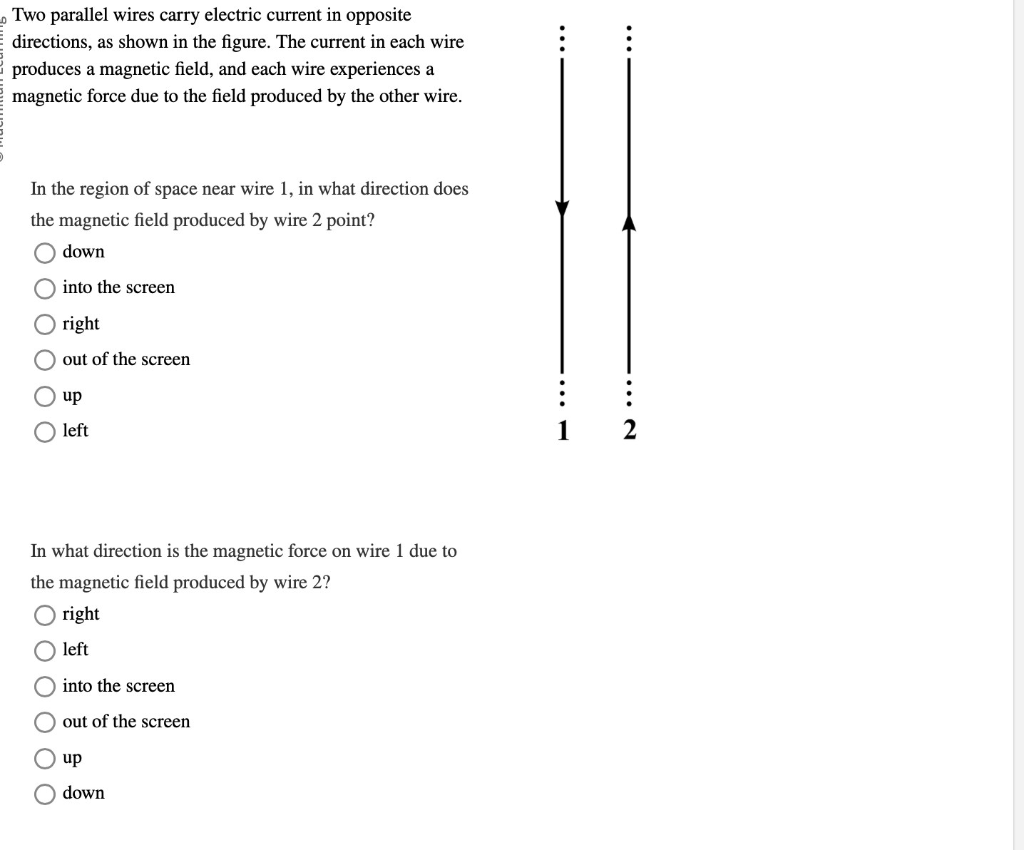 Two parallel wires carry electric current in opposite directions, as ...