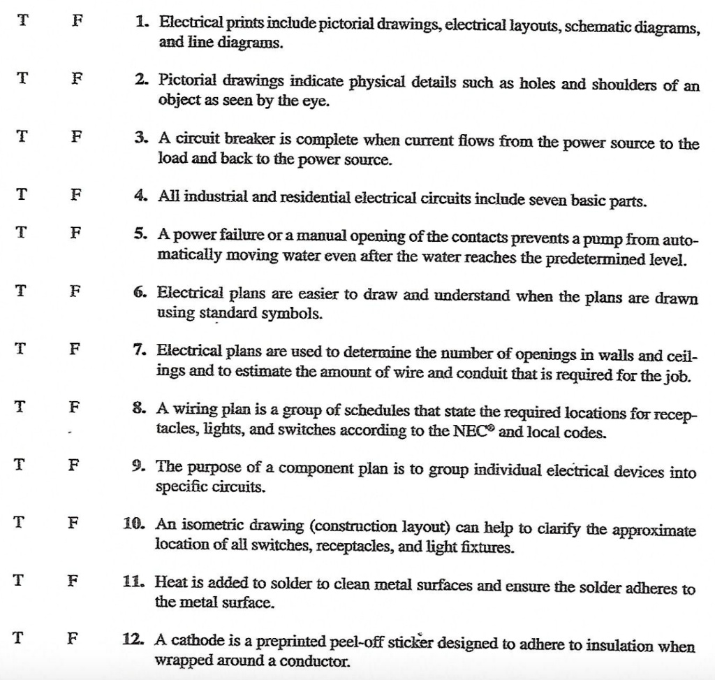 true or false t f 1 electrical prints include pictorial