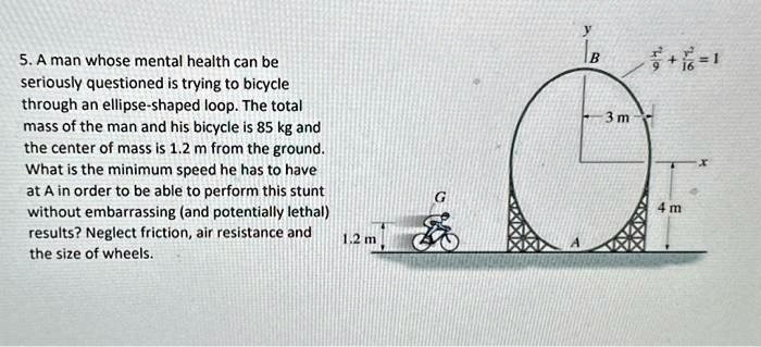 5 a man whose mental health can be seriously questioned is trying to bicycle through an ellipse shaped loop the total mass of the man and his bicycle is 85 kg and the center of mass is 12 m  54433