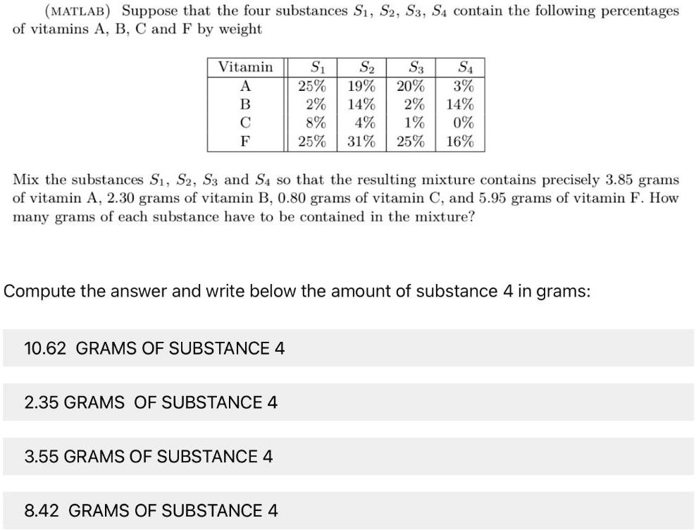 matlab suppose that the four substances si s2 s s4 contain the ...