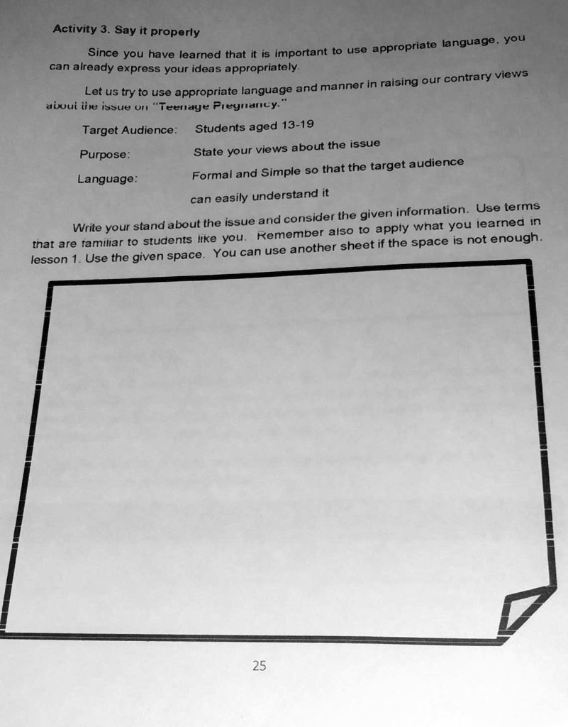 activity 3 say it properly since you have learned that it is important to use appropriate language you can already express your ideas appropriately let us try to use appropriate language and 77143