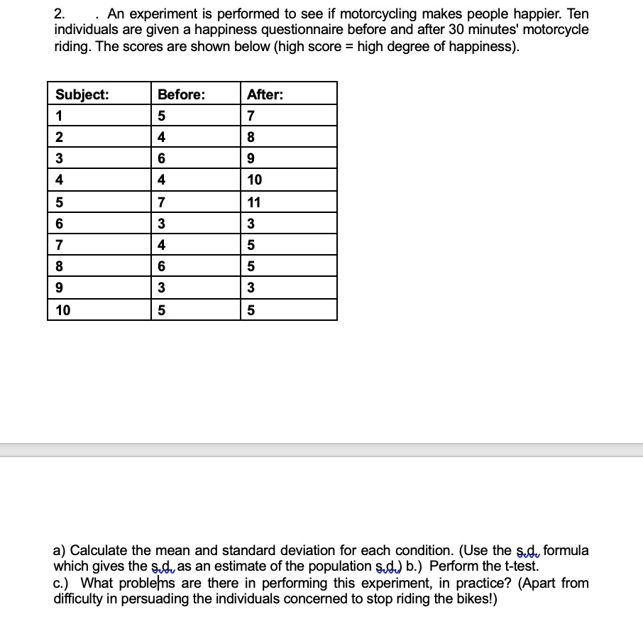 2. An experiment is performed to see if motorcycling makes people happier. Ten individuals are given a happiness questionnaire before and after 30 minutes' motorcycle riding. The scores are shown below (high score = high degree of happiness).
Subject: Before: After:
1 5 7
2 4 8
3 6 9
4 4 10
5 7 11
6 3 3
7 4 5
8 6 5
9 3 3
10 5 5
a) Calculate the mean and standard deviation for each condition. (Use the s.d, formula which gives the s.d. as an estimate of the population s.d.) b.) Perform the t-test.
c.) What problems are there in performing this experiment, in practice? (Apart from difficulty in persuading the individuals concerned to stop riding the bikes!)