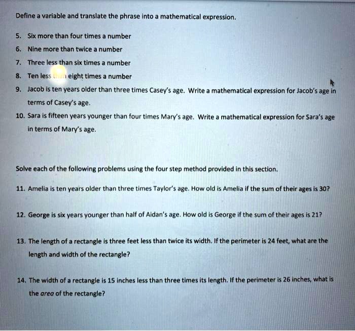 Solved Define Variable And Translate The Phrase Into Mathematical Expression Six More Than Four Times Number Nine More Than Twice Number Three Less Than Six Times Number Ten Less Eight Times Number Jacob