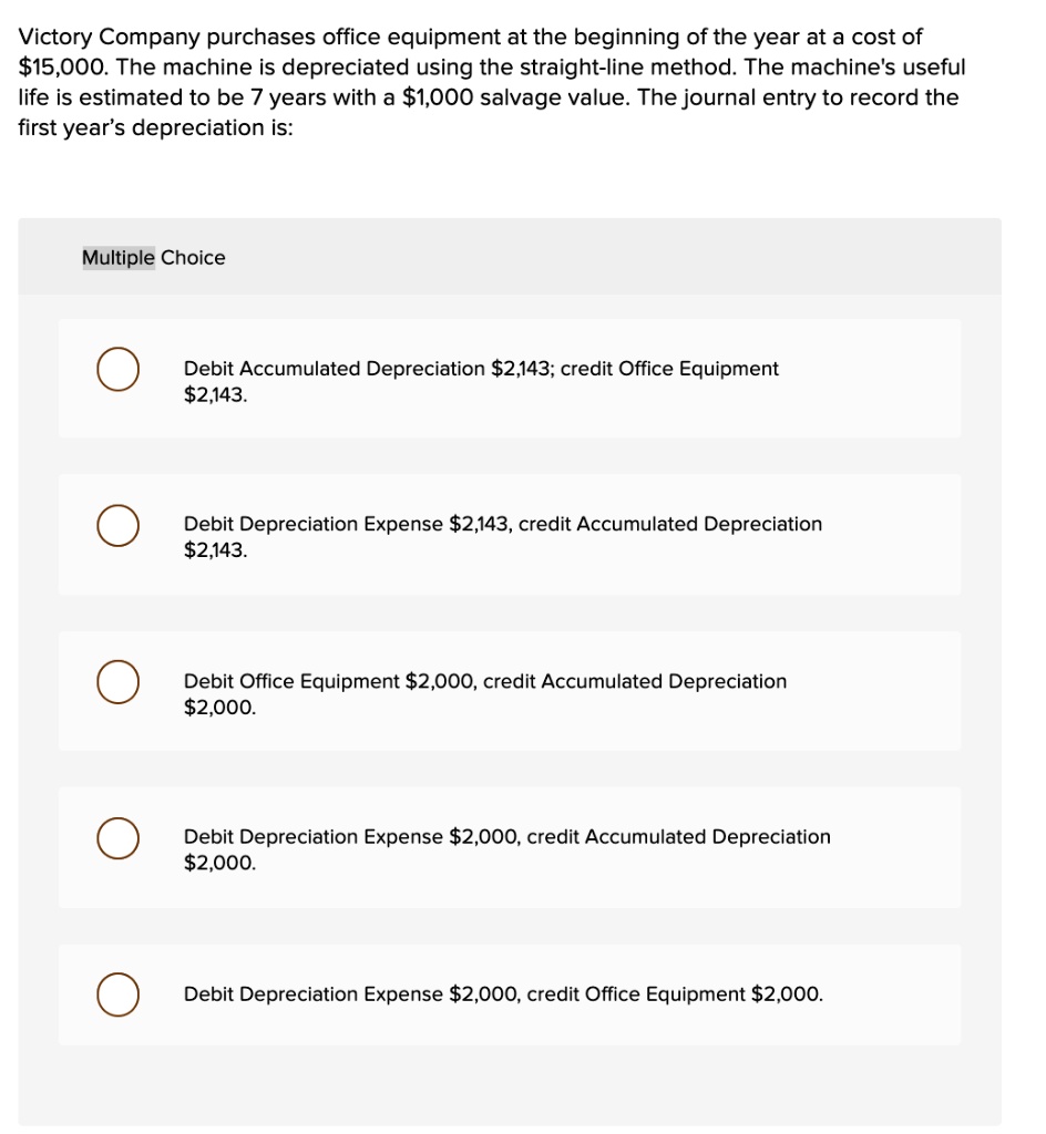 solved depreciation: multiple choice estimates the... Victory Company purchases office equipment at the beginning of the year ...