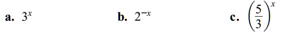 a. 3^x b. 2^-x c. (rac53)^x