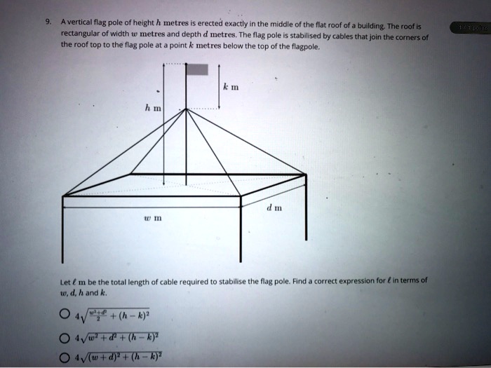 A vertical flagpole is erected exactly in the middle of the flat roof of a building. The roof is
