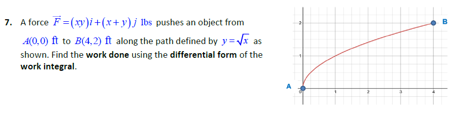 7. A force F⃗=(x y) i+(x+y) j lbs pushes an object from A(0,0) ft to B ...