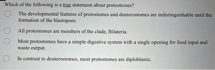 Which of the following is a true statement about protostomes?
The developmental features of protostomes and deuterostomes are indistinguishable until the
formation of the blastopore.
All protostomes are members of the clade, Bilateria.
Most protostomes have a simple digestive system with a single opening for food input and
waste output.
In contrast to deuterostomes, most protostomes are diploblastic.