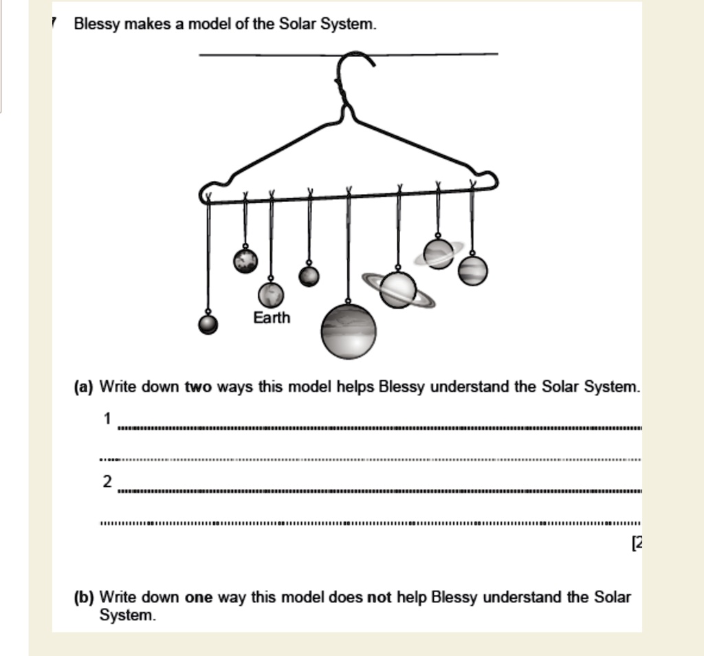 Blessy makes a model of the Solar System.
Earth
(a) Write down two ways this model helps Blessy understand the Solar System.
1
2
(b) Write down one way this model does not help Blessy understand the Solar
System.