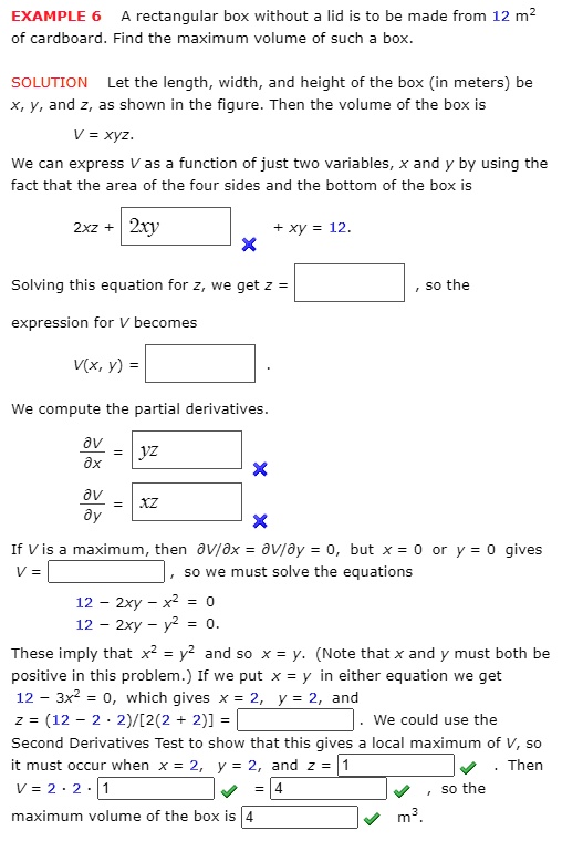 Solved Example 6 A Rectangular Box Without Lid Is To Be Made From 12 M2 Of Cardboard Find The Maximum Volume Of Such Box Solution Let The Length Width And Height Of The