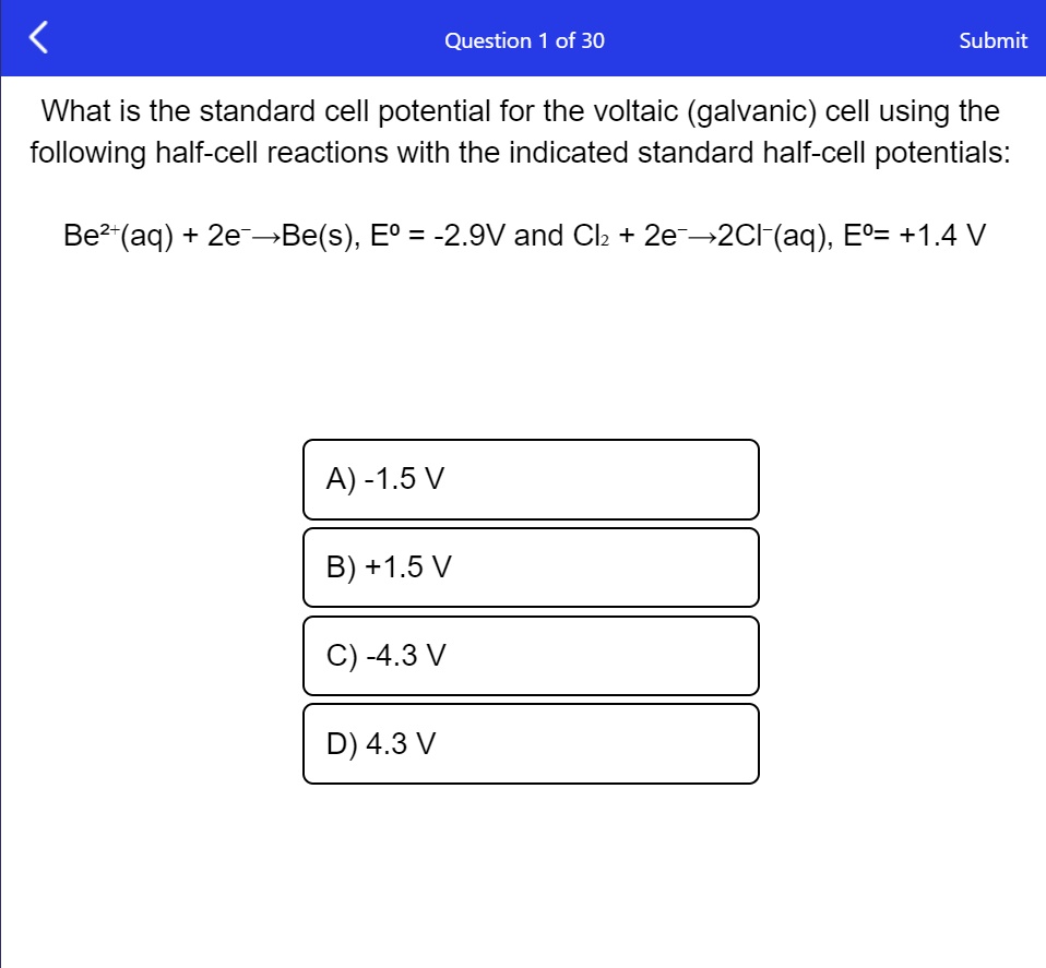 SOLVED Question 1 of 30 Submit What is the standard cell potential for