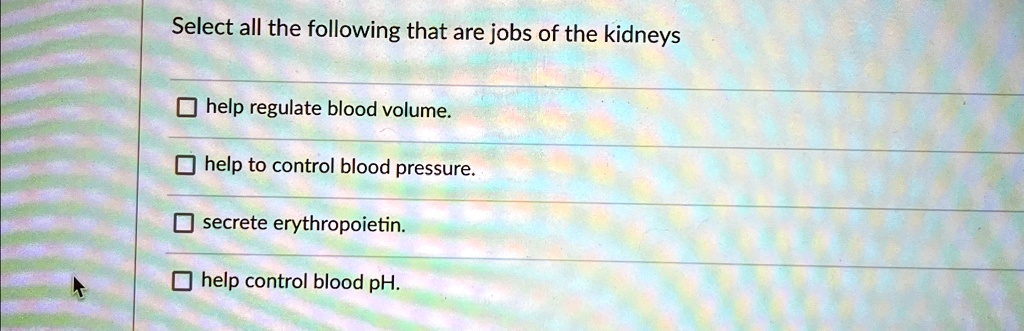 Select all the following that are jobs of the kidneys
help regulate blood volume.
help to control blood pressure.
secrete erythropoietin.
help control blood pH.
