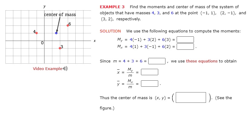 EXAMPLE 3 Find the moments and center of mass of the system of objects that have masses 4, 3, and 6 at the point (-1, 1), (2, -1), and (3, 2), respectively.
SOLUTION We use the following equations to compute the moments:
My = 4(-1) + 3(2) + 6(3) =
Mx = 4(1) + 3(-1) + 6(2) =
Since m = 4 + 3 + 6 = [ ], we use these equations to obtain
x = My / m = [ ]
y = Mx / m = [ ].
Thus the center of mass is (x, y) = ( [ ] ). (See the figure.)