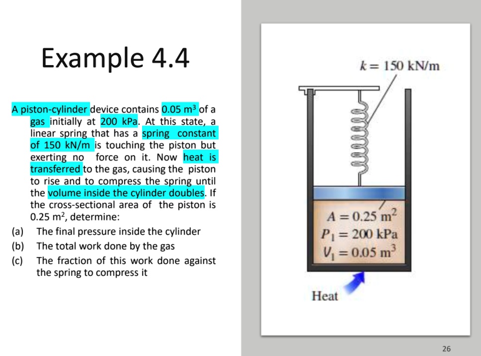 SOLVED Example 4.4 k = 150 kN/m A pistoncylinder device contains 0.05