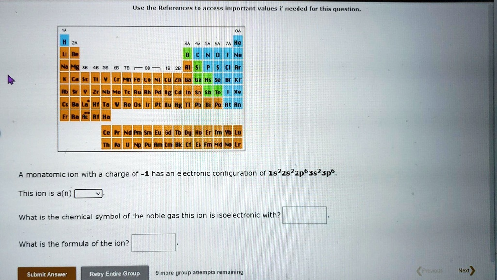 SOLVED: A monatomic ion with a charge of -1 has an electronic ...