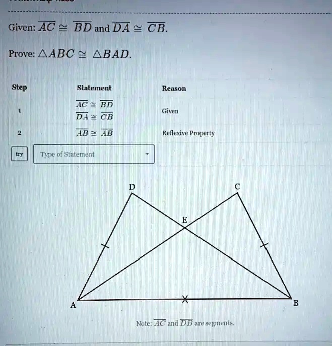 SOLVED: Given: AC = BD And DA = CB. Prove: AABC â‰… ABAD Step Statement ...