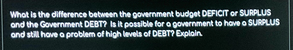 What is the difference between the government budget DEFICIT or SURPLUS and the Government DEBT? Is it possible for a government to have a SURPLUS and still have a problem of high levels of DEBT? Explain.