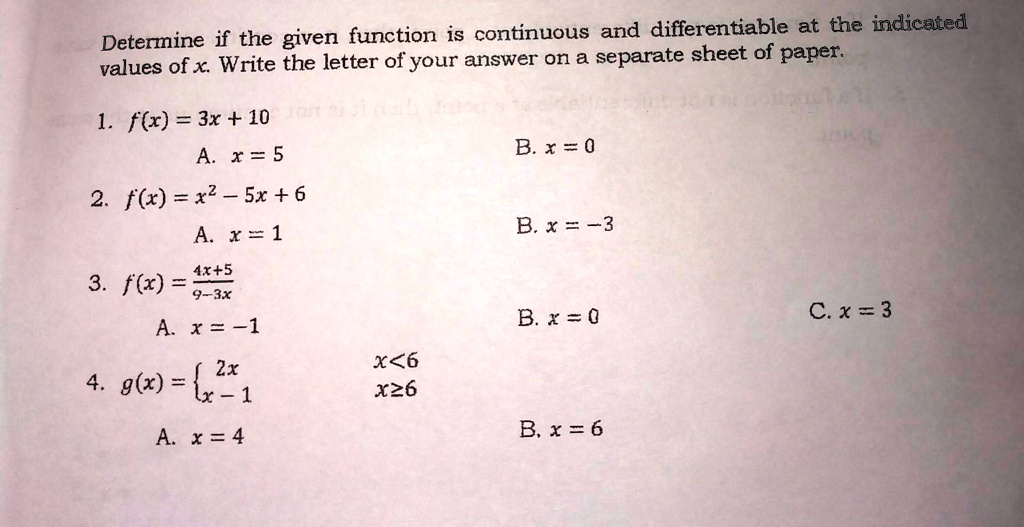 Solved Determine If The Given Function Is Continuous And Differentiable At The Indicated Values