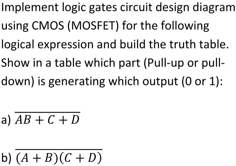 SOLVED: Implement logic gates circuit design diagram using CMOS (MOSFET ...