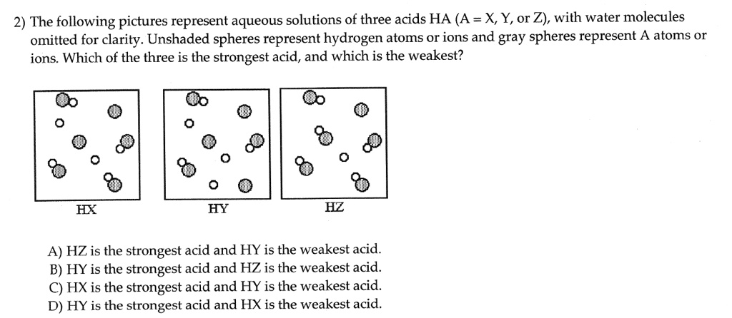 Solved 2 The Following Pictures Represent Aqueous Solutions Of Three Acids Ha A X Yor Z 