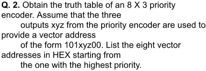 SOLVED: Obtain the truth table of an 8x3 priority encoder. Assume that ...