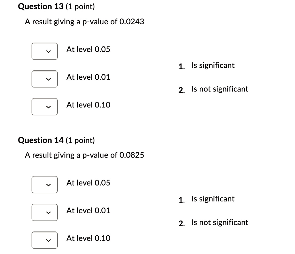 Question 13 (1 point)
A result giving a p-value of 0.0243

At level 0.05
At level 0.01
At level 0.10

1. Is significant
2. Is not significant

Question 14 (1 point)
A result giving a p-value of 0.0825

At level 0.05
At level 0.01
At level 0.10

1. Is significant
2. Is not significant
