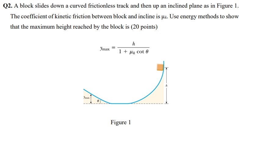 a block slides down a curved frictionless track and then up an inclined ...