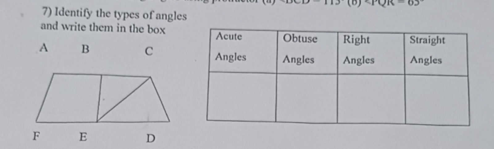 7) Identify the types of angles and write them in the box A B C Acute ...