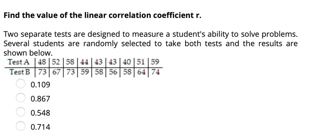 Find the value of the linear correlation coefficient r. Two separate ...