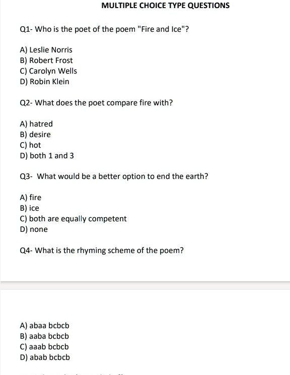 class 10 poem fire and ice extra question answer