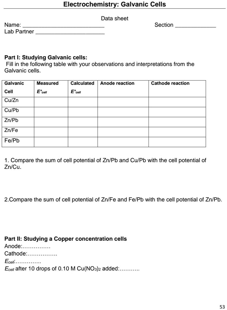 SOLVED Electrochemistry Galvanic Cells Data Sheet Name [Insert Name