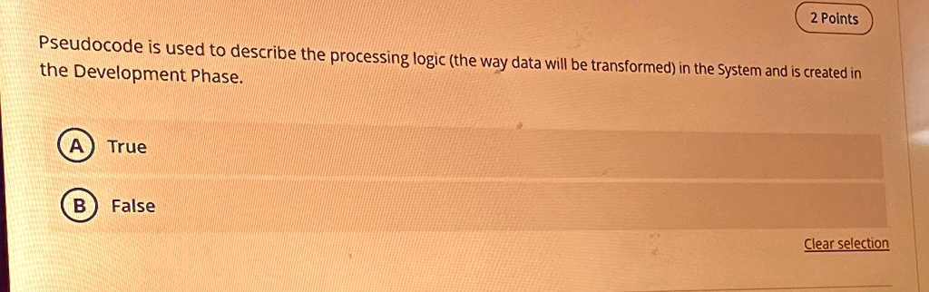 pseudocode is used to describe the processing logic the way data will be transformed in the system and is created in the development phase a true b false 89551
