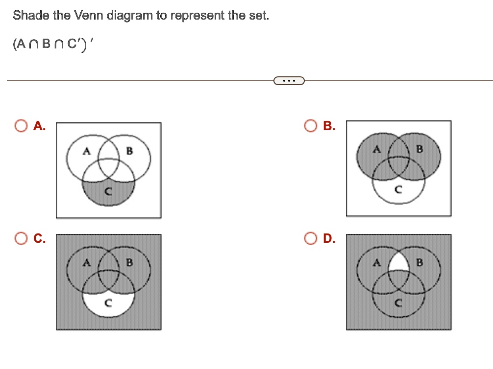 [GET ANSWER] Shade the Venn diagram to represent the set. (A ∩ B ∩ C')'