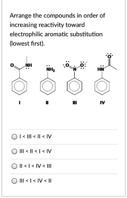 Solved Arrange The Compounds In Order Of Increasing Reactivity Toward Electrophilic Aromatic