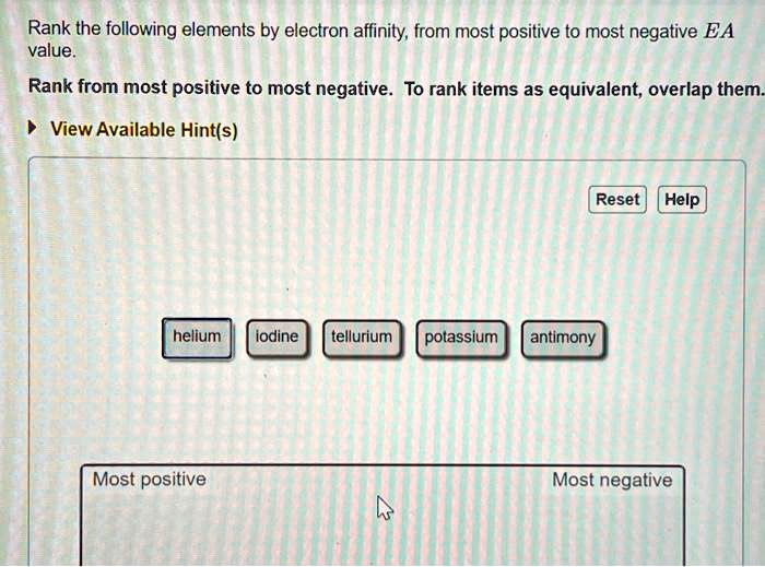 SOLVED Rank the following elements by electron affinity; from most