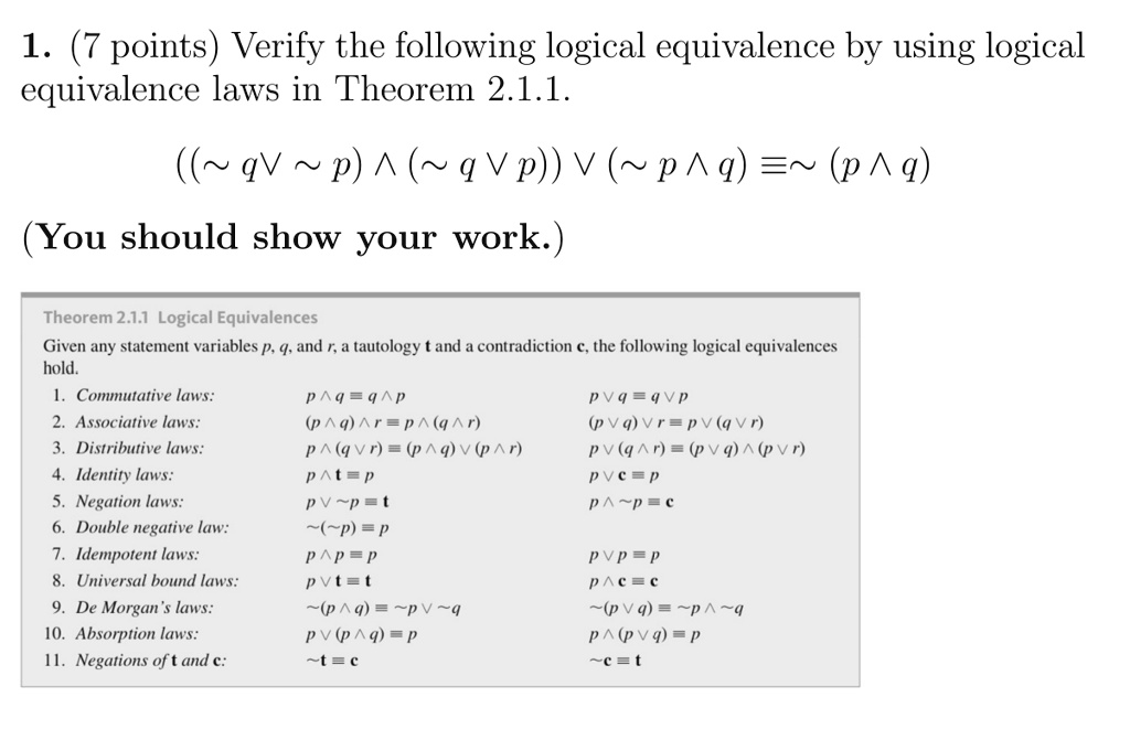 Solved 1 7 Points Verify The Following Logical Equivalence By Using Logical Equivalence Laws In Theorem 2 1 1 Qv P Q V P V P Q P Q You