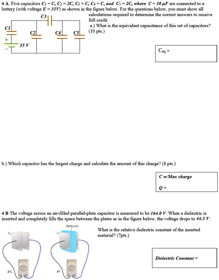 SOLVED: A. Five capacitors C1=€, Cx= 2C,C3=C,C=C,and Cs = 2C,where C ...