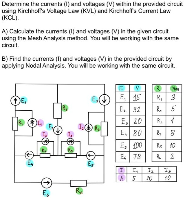 SOLVED: Determine the currents and voltages (V) within the provided ...