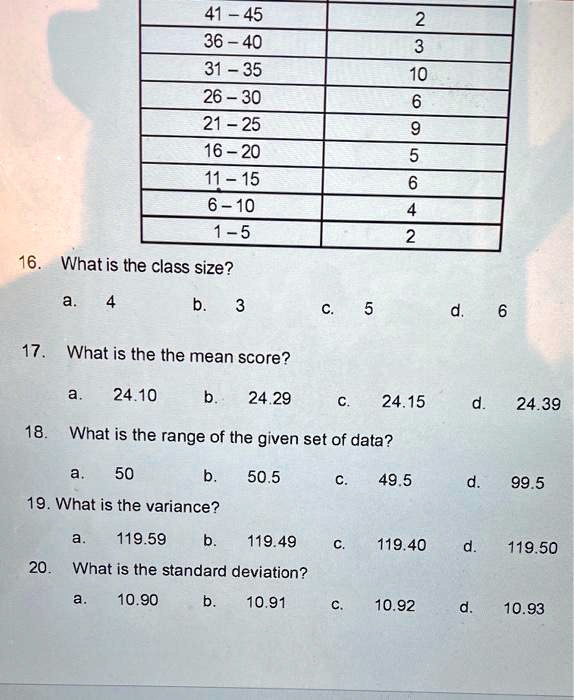 SOLVED: 41 - 45 36 - 40 31 - 35 26 30 21 25 16 20 11-15 6 - 10 1-5 16.  Whatis the class size? 10 17 . What is the the mean score? 24.10 24.29  24.15 24.39 18. What is the range of the given set of data? 50 50.5 49.5  99.5 19. What is the variance? 119.59