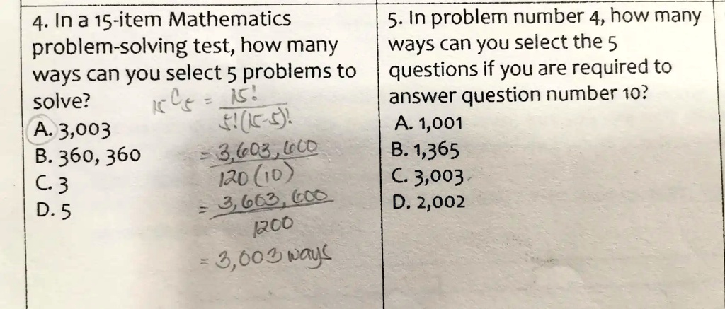 In a 15-item Mathematics problem-solving test, how many ways can you