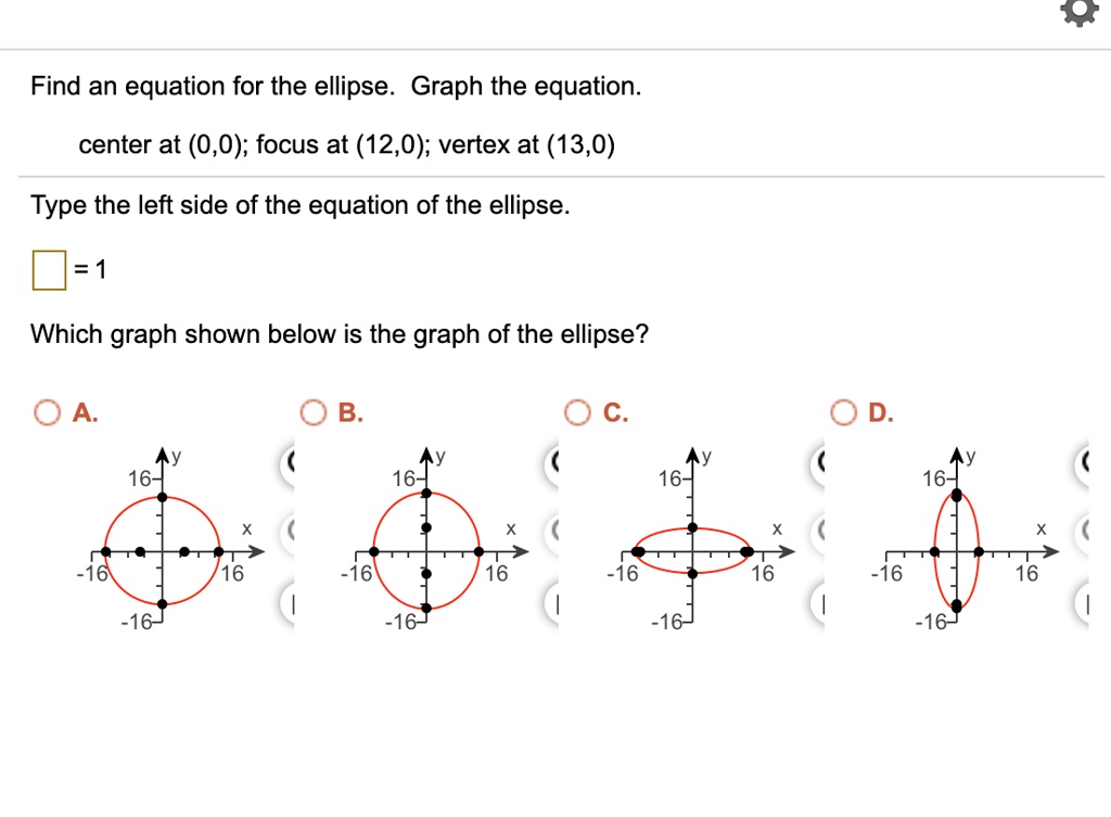 Solved Find An Equation For The Ellipse Graph The Equation Center At 00 Focus At 120