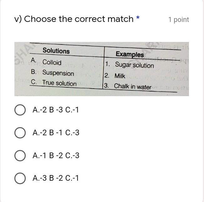 v) Choose the correct match * 1 point
Solutions Examples
A. Colloid 1. Sugar solution
B. Suspension 2. Milk
C. True solution 3. Chalk in water
A.-2 B-3 C.-1
A.-2 B-1 C.-3
A.-1 B-2 C.-3
A.-3 B-2 C.-1