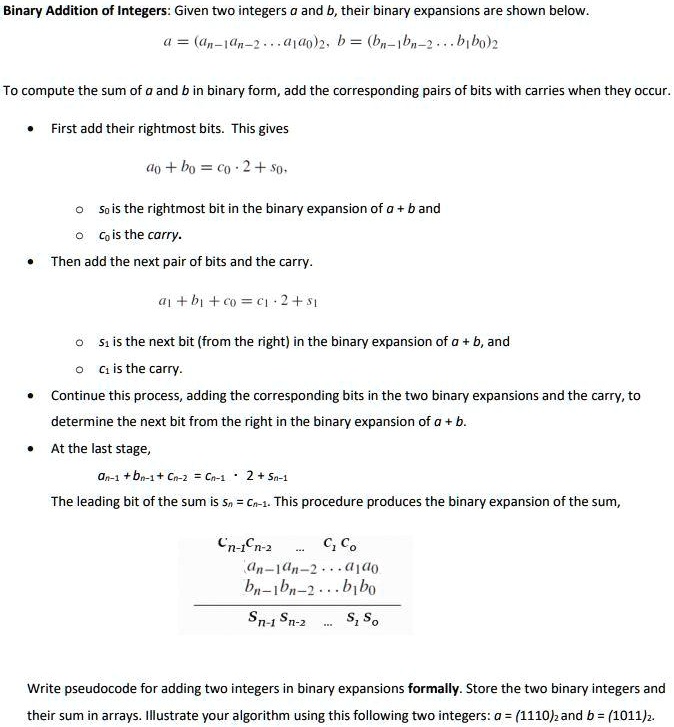 SOLVED: Binary Addition of Integers: Given two integers and their ...