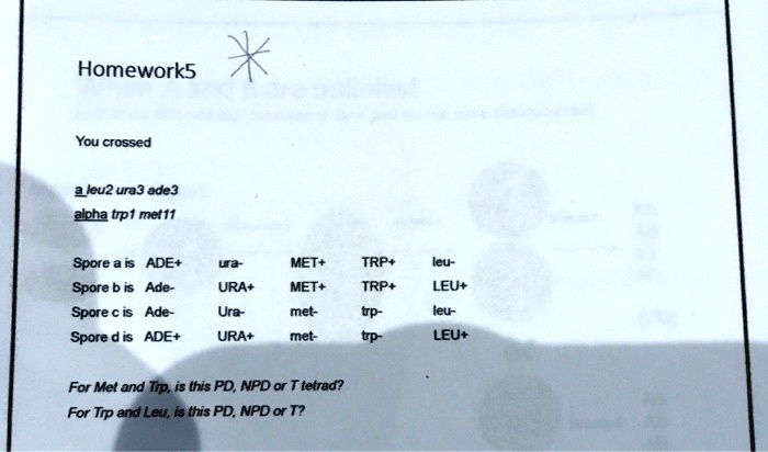 SOLVED: Homework5 You Crossed 2leu2 Ura3 Ade3 Alpha TpI Met11 Spore A ...