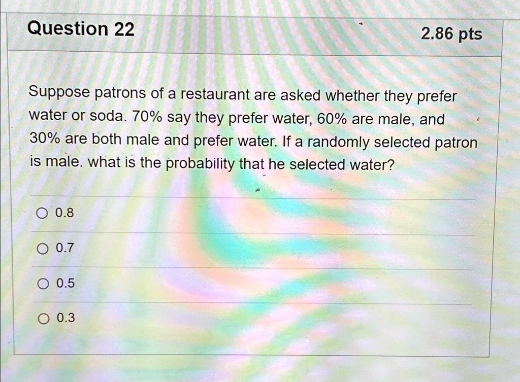 SOLVED: Question 22 2.86pts Suppose patrons of a restaurant are asked ...