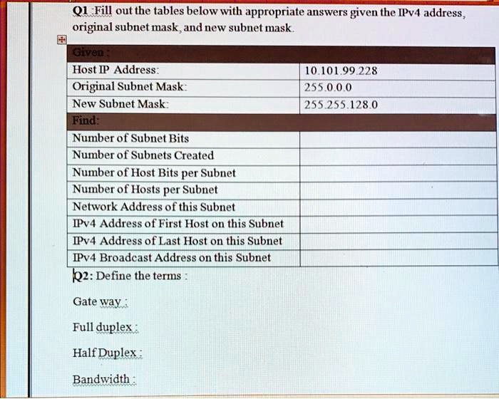 [GET ANSWER] Q1 Fill out the tables below with appropriate answers ...