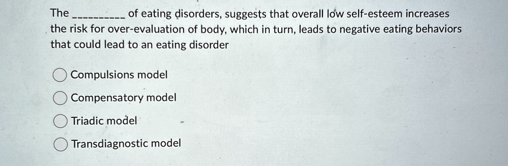 The  of eating disorders, suggests that overall low self-esteem increases the risk for over-evaluation of body, which in turn, leads to negative eating behaviors that could lead to an eating disorder
Compulsions model
Compensatory model
Triadic model
Transdiagnostic model