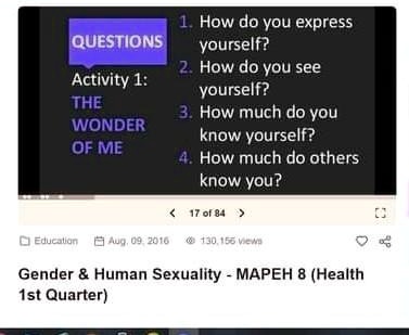 SOLVED: 'QUESTIONS Activity 1: THE WONDER OF ME 1. How do you express  yourself? Answer: 2. How do you see yourself? Answer: 3. How much do you  know yourself? Answer: 4. How